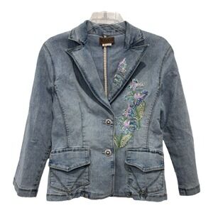 XOXO‎ Denim Blazer Jacket Womens L Floral Embroidered Sequin Beaded Y2K Retro